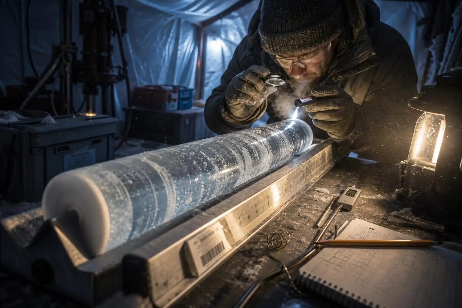 An ice core pulled from depth holds atmospheric records stretching back hundreds of thousands of years.