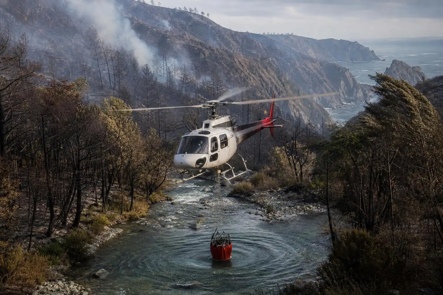 A helicopter draws water from Willow Creek to battle the Plaskett Fire near California's Big Sur coast.