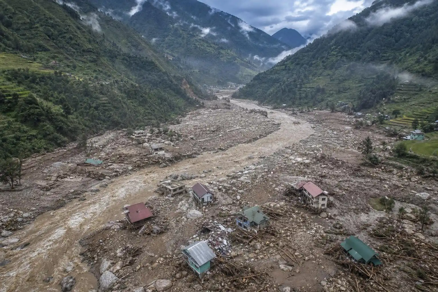 Flood-damaged homes in Nuwakot district, Nepal, after the late-August glacier collapse sent debris and meltwater surging downstream.